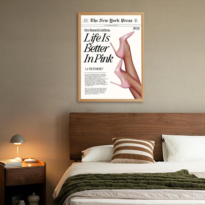 Trendy Baby Pink Hot Girl Poster Life Is Better In Pink Newspaper Wall Art Retro High Heel Picture 70s News Headline Canvas Prints Aesthetic Decor for Girly Bedroom Dorm 12x16inch Wood Color Framed