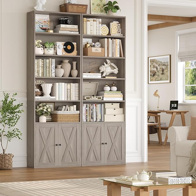 FACBOTALL 82" Tall Bookcase and Book Shelf, 24" Wide Bookshelf with Doors, 7 Tier Bookcase with Storage and Adjustable Shelf, Open and Display Farmhouse Bookshelf for Living Room, Home Office, Gray