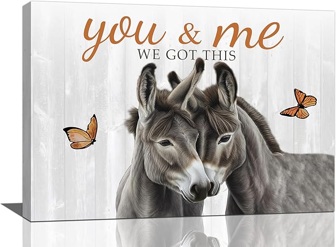 yerretin Farmhouse Donkey Wall Art Country Love Pictures Wall Decor Rustic Animal Canvas Painting Home Decoration Artwork for Bathroom Bedroom Living Room Office Framed 24"x16"