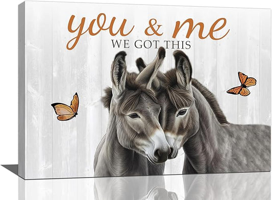 yerretin Farmhouse Donkey Wall Art Country Love Pictures Wall Decor Rustic Animal Canvas Painting Home Decoration Artwork for Bathroom Bedroom Living Room Office Framed 24"x16"