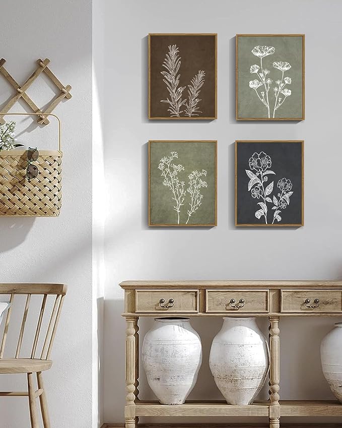 Drsoum Botanical Wall Art Framed Boho Wall Art Decor Wooded Vintage Print Modern Farmhouse Home Kitchen Decor 11x14inx4pcs