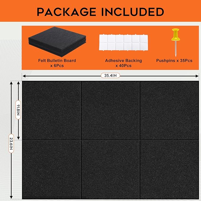 Felt Bulletin Board, Large Cork Board 36"x 24", 6 Pack Felt Wall Tiles with 35 Pcs Pushpins, Pin Boards for Office, Home & Classroom