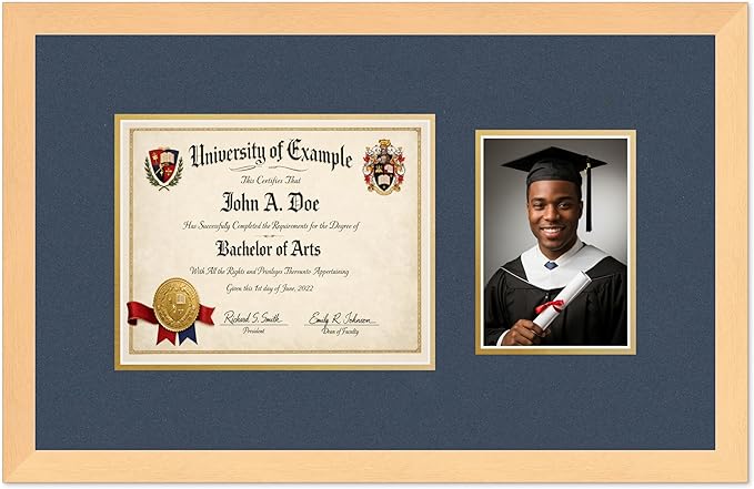 CountryArtHouse Fits 10 x 8 Professional License and 5 x 7 Photo Diploma and Photo Frame Natural Wood Genuine Hardwood with Navy Blue Over Metallic Gold Double mat