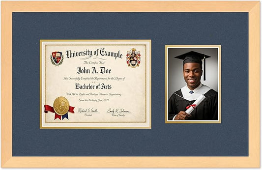 CountryArtHouse Fits 10 x 8 Professional License and 5 x 7 Photo Diploma and Photo Frame Natural Wood Genuine Hardwood with Navy Blue Over Metallic Gold Double mat