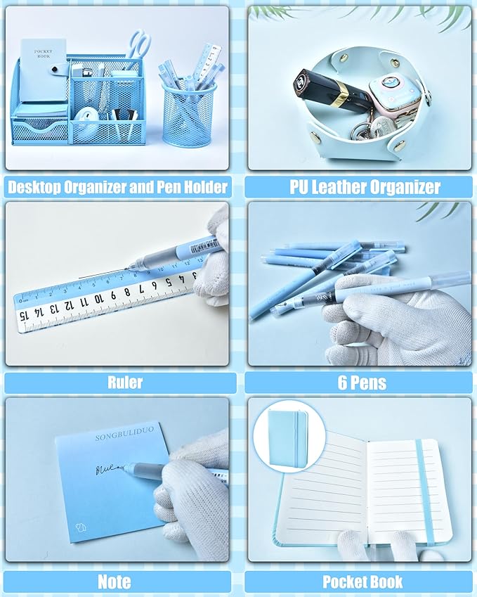 Blue Desk Accessories, 26Pcs Office Supplies and Desk Organizers, with Tape Dispenser, Stapler, Staple Remover, Ect, Gift Box Packaging