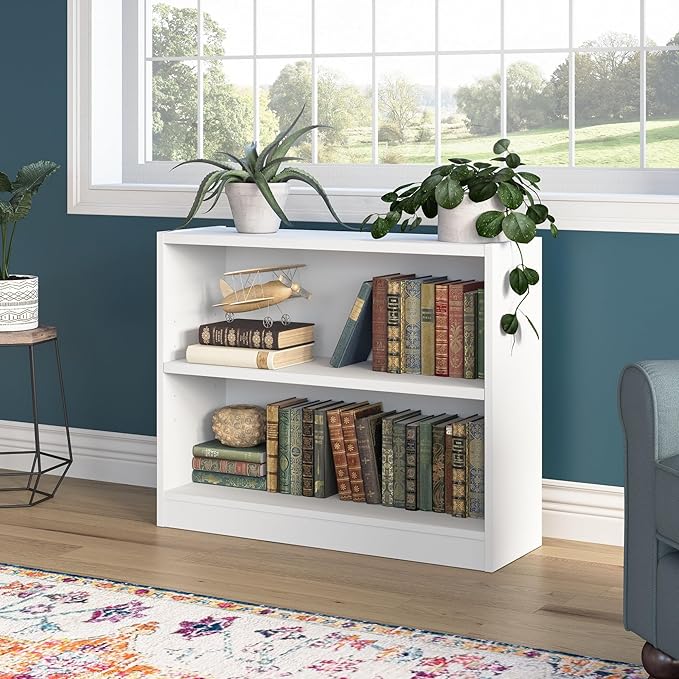 Bush Home Universal Small 2 Shelf Bookcase in White, Low Storage and Display Bookshelf for Home Office or Living Room Organization