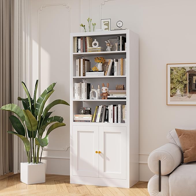 White Bookcase, Library Office Book Shelf with Adjustable Shelves, Tall Bookcase with Doors for Bedroom Living Room Kitchen. Metal Bookshelf Ideal for Home Organization & Stylish Upgrades