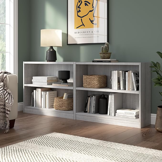 Bush Home Universal Small 2 Shelf Bookcase in Platinum Gray, Low Storage and Display Bookshelf for Home Office or Living Room Organization