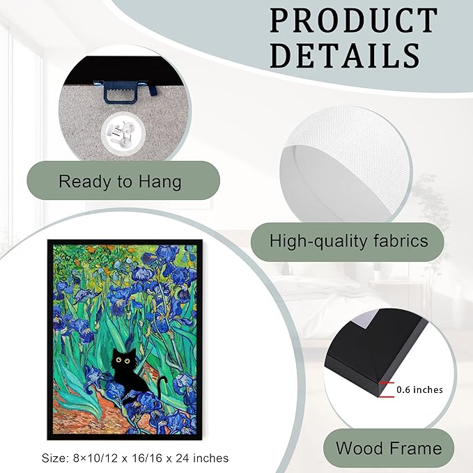Fantasy Artists Van Gogh Irises Cat Wall Art, Framed Vintage Garden Canvas Wall Decor, Funny Black Cat Poster Prints, Paintings,Bathroom,bedroom,Living Room Artwork Decorations 12" Wide X 16" Height