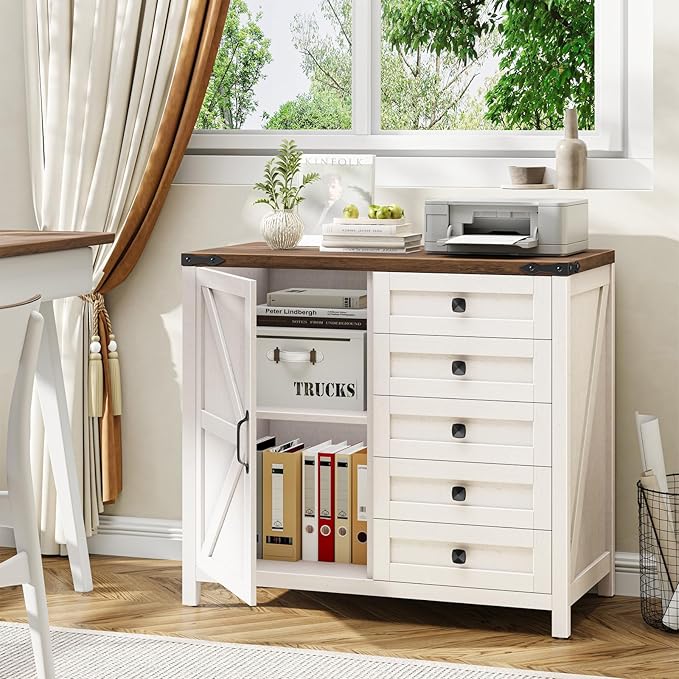 Lateral File Cabinet with 5 Drawers, Farmhouse File Cabinet with Adjustable Shelf, Large Wood File Storage Cabinets Printer Stand for Home Office Cabinets, Rustic White and Brown