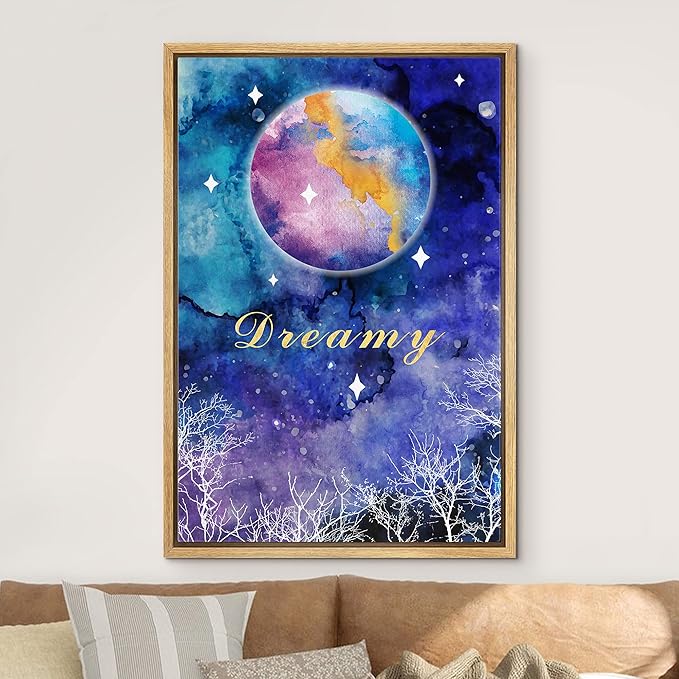 IDEA4WALL Framed Canvas Print Wall Art Dreamy Watercolor Galaxy with Star Covered Moon Astronomy & Space Sky Illustrations Modern Art Glam Colorful for Living Room, Bedroom, Office - 16"x24" NATURAL