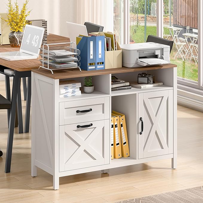 Vabches Lateral File Cabinet, Farmhouse 2 Drawer File Cabinet with Open Storage Shelf for Letter/Legal/A4 Size Hanging Files, Large Wood Storage Cabinets Printer Stand for Home Office, White