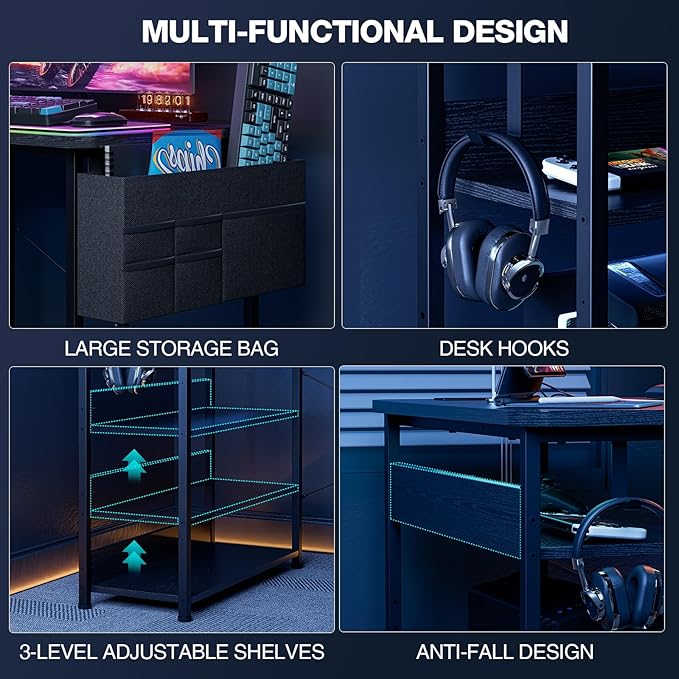 Small Gaming Desk with Power Outlets, 40 Inch L Shaped Desks with Reversible Shelves and Storage Bag,Computer Desk Corner Desk PC Desk for Gaming and Home Office Table,Black