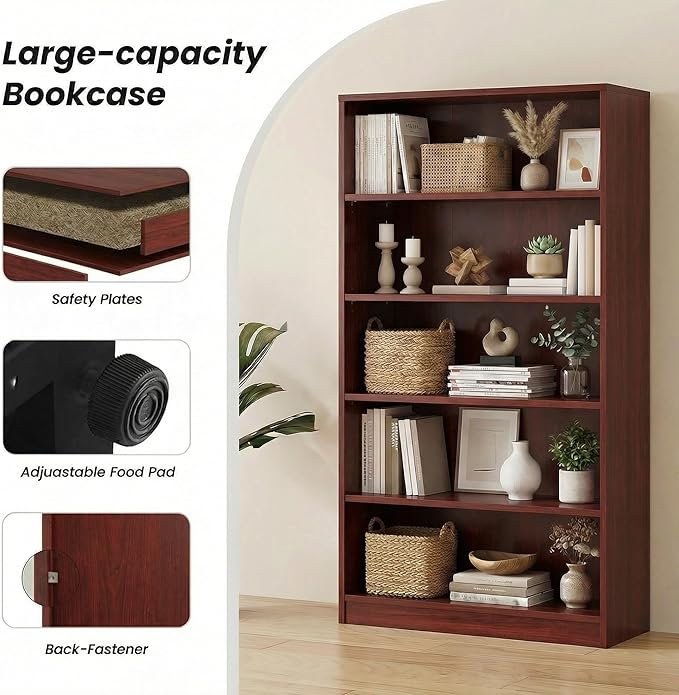 5 Tier Wooden Bookshelf, 60" H Tall Book Shelf with Adjustable Shelves, 33" Wide Bookshelf for Home Office, Living Room