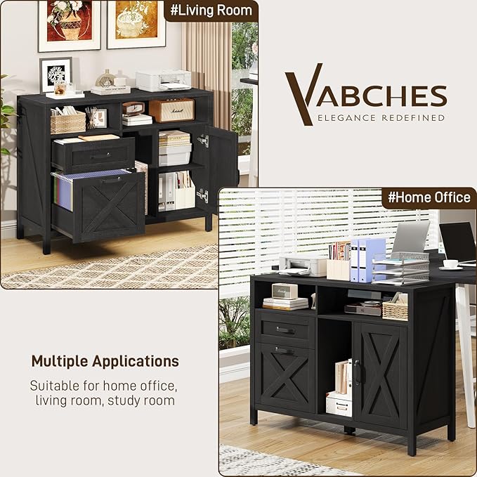 Vabches Lateral File Cabinet, Farmhouse 2 Drawer File Cabinet with Open Storage Shelf for Letter/A4 Size Hanging Files, Large Wood File Storage Cabinets Printer Stand for Home Office, Black