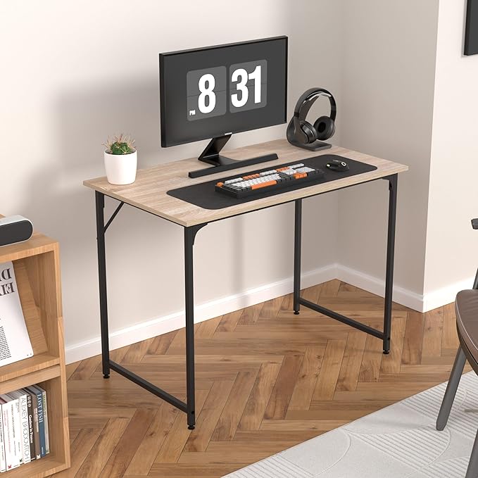 39 Inch Computer Desk with Wood Board and Metal Frame, Modern Simple Style Work Desk with Adjustable Feet, Study Gaming Desk Table for Home Office, Bedroom, Small Spaces