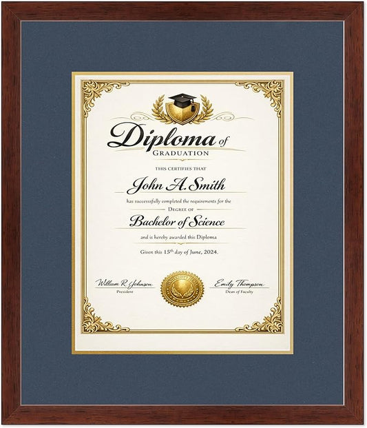 CountryArtHouse Diploma Frame Fits 11 x 14 College Diploma (Portrait) - Keepsake Graduation Display Rustic Walnut Genuine Hardwood with Navy Blue Over Metallic Gold Double mat