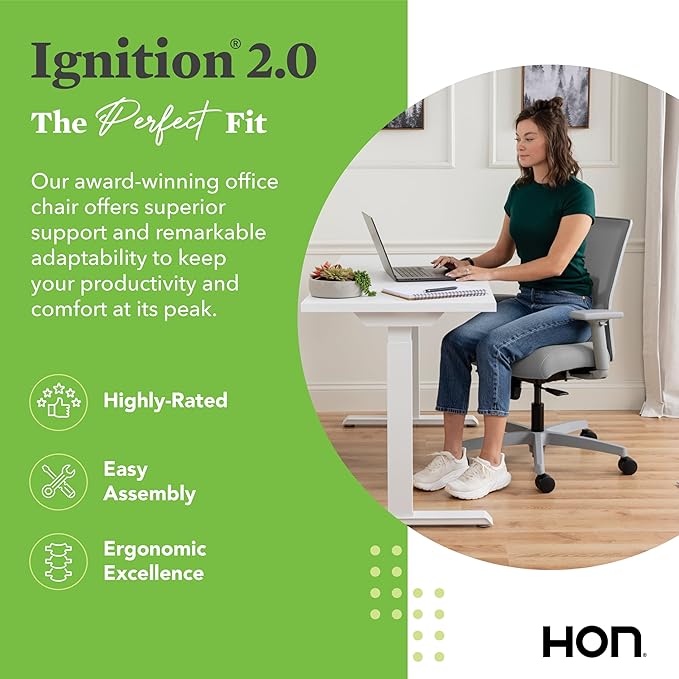 HON Ignition 2.0 Low Back Task Chair, Standard Synchro-Tilt Control, Office Chair with Lumbar Support, Height and Width Adjustable Arms, Titanium Frame, Frost