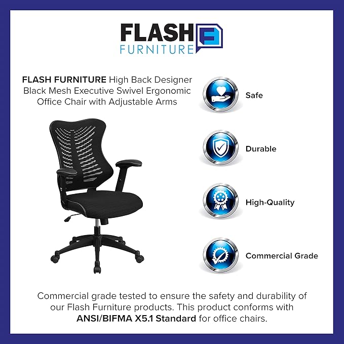 Flash Furniture Kale High Back Designer Black Mesh Executive Swivel Ergonomic Office Chair with Adjustable Arms