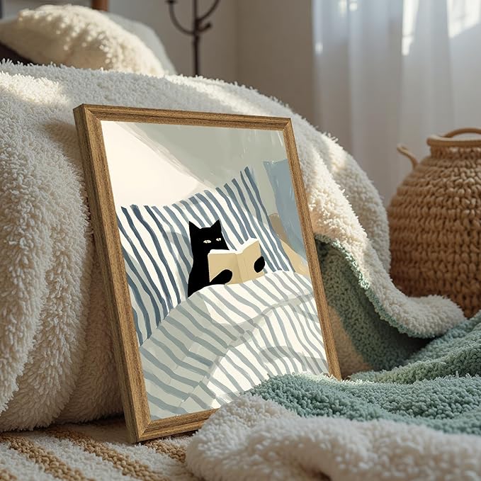 Fantasy Artists Black Cat Reading in Bed Wall Art, Quiet Character Illustration with Soft Neutral Tones, Calm Lifestyle Canvas Print for Bedroom, Reading Nook or Home Office, 12W x 16H