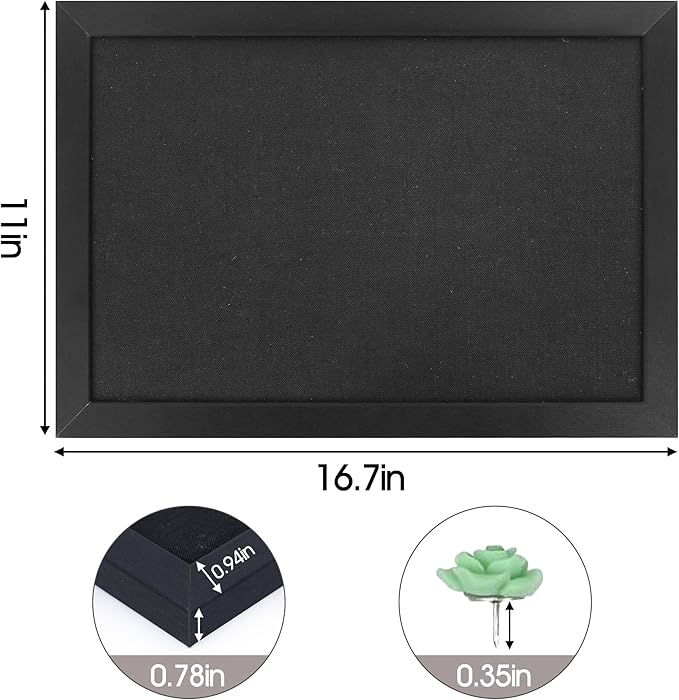 AKTOP Black Cork Board with Linen 16.7" X 11", Small Framed Bulletin Board for Wall, Hanging Pin Board Picture Board for Home Office Decor, Cute Vision Board with 8 Pushpins