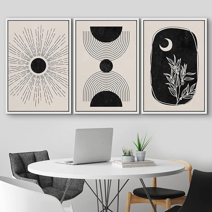 IDEA4WALL Framed Canvas Print Wall Art Set Geometric Shining Sun Crescent Moon Tree Polygons Abstract Shapes Illustrations Modern Art Nordic for Living Room, Bedroom, Office - 24"x36"x3 White