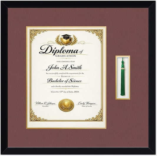 CountryArtHouse Diploma and Tassel Frame Fits 11 x 14 College Diploma (Portrait) with Tassel Matte Black Genuine Hardwood Shadowbox with Dark Red Over Metallic Gold Double mat