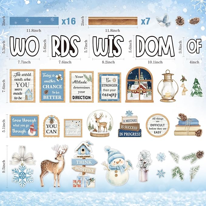 57 Pcs Christmas Winter Bulletin Board Set Inspirational Classroom Decoration Watercolor Snowflake Snowman Cutout for Holiday School Chalkboard Door Wall Decor