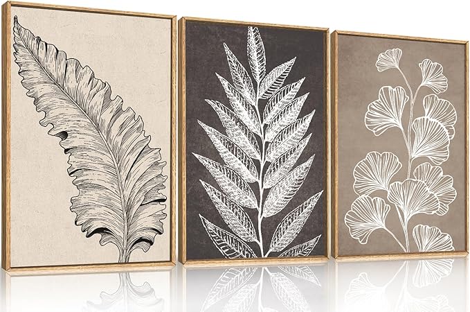 HOURIA Abstract Boho Fern Leaf Floral Framed Canvas Wall Art Set,Vintage Botanical Leaves Wildflower Decor,Modern Minimalist Nature Inspired Beige & Brown Artwork for Living Room,Farmhouse-24 x36 x3