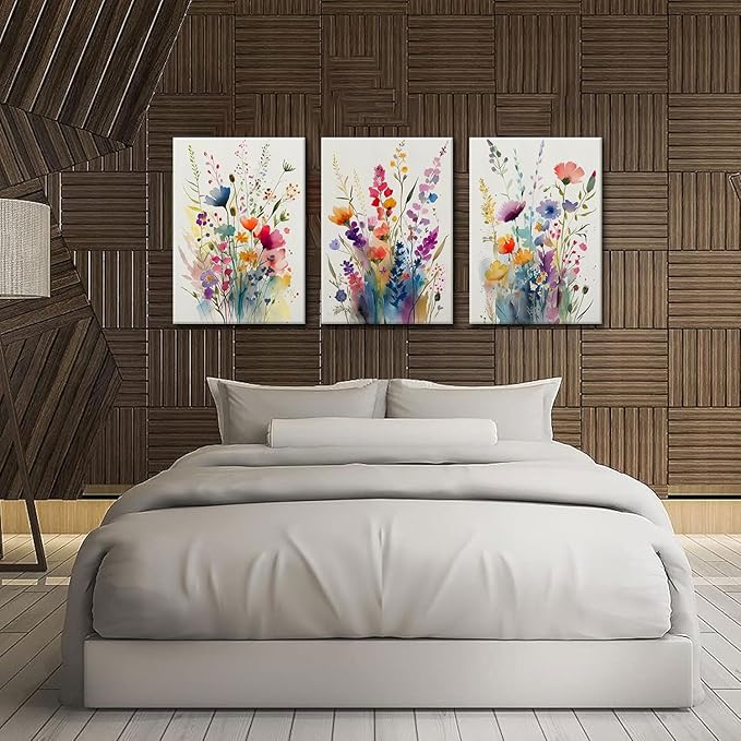 KISSFOX 3 Piece Canvas Wall Art Wildflowers Wall Decor Floral Pictures Botanical Paintings Colorful Prints Watercolor Artwork For Bedroom Bathroom Living Room
