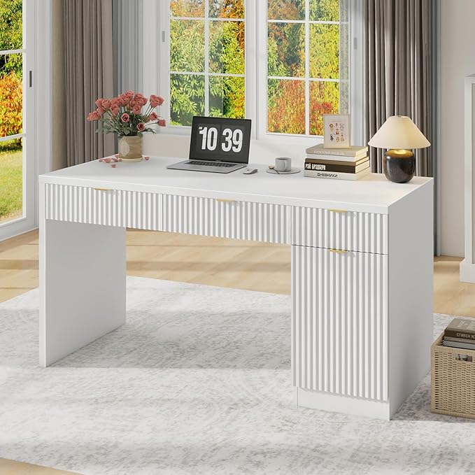 60" Executive Desk with Fluted Drawers, Wood Home Office Desk with Storage Cabinet, Fluted Reversible Computer Writing Desk for Study, Living Room,White