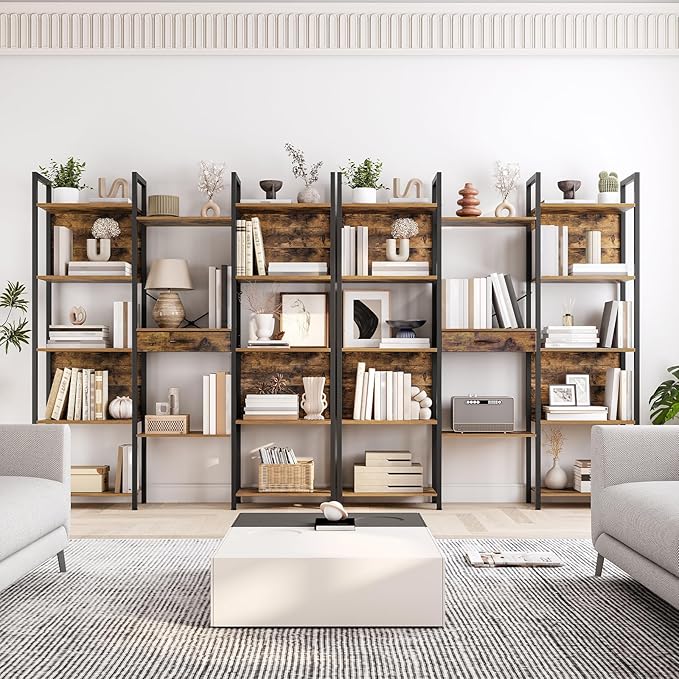 HOOBRO Triple Book Shelf, Industrial Bookshelf with Drawer, 5-Tier Bookcase with Metal Frame, Bookcase with 13 Open Display Shelves for Home Office, Living Room, Rustic Brown and Black BF160SJ01