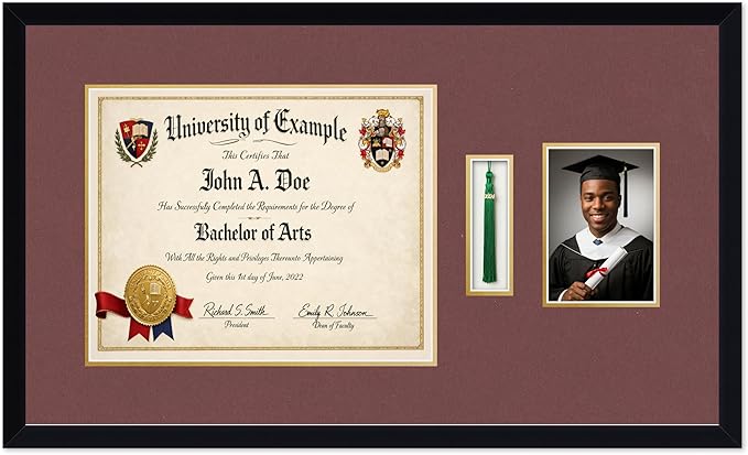 CountryArtHouse Diploma Tassel and Photo Shadowbox Fits 15 x 12 Military/Government with Tassel Hook and Matte Black Genuine Hardwood with Dark Red Over Metallic Gold Double mat