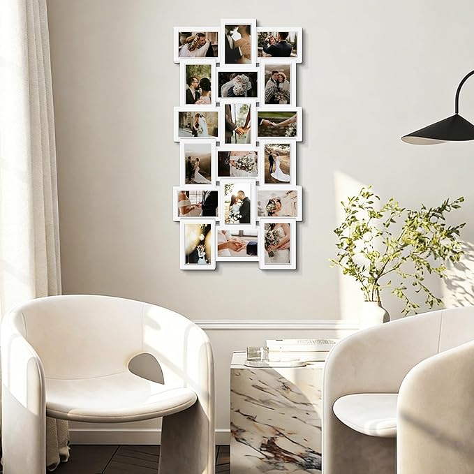 J.M.Deco Collage Picture Frames for Wall Decor, 18-Opening Family Picture Frame Set, One-Piece Photo Frames for Living Room, Bedroom, Gallery, Pure White