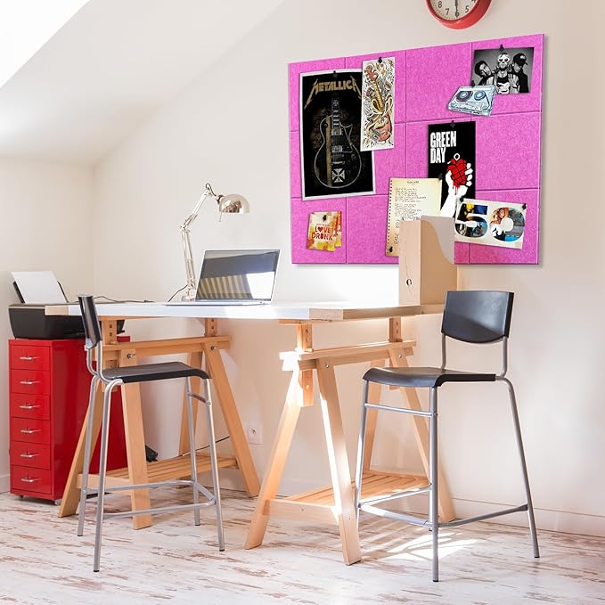 Bulletin Board 40x30in, 12 Count 9.8 x 9.8in Felt Wall Tiles with Removable Adhesive Tape, Cork Board Alternative for Walls, Wall Decor, Kids Art Display, Kids Room (Magenta Collection)