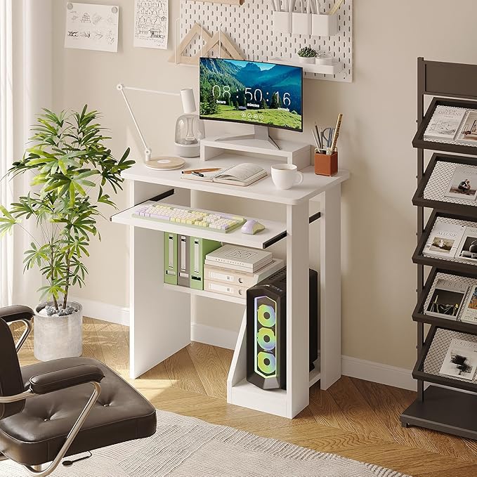 30" Small Computer Desk with Keyboard Tray Monitor Stand, Study Writing Desk with Storage Shelves, Modern Workstation for Small Spaces, Save Space, White