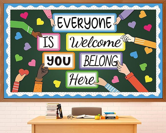 51PCS Everyone is Welcome Bulletin Board You Belong Here Classroom Bulletin Board Decorations Motivational Heart Hand Paper Cutouts for School Classroom Office Home Chalkboard Decor Wall Door Supplies