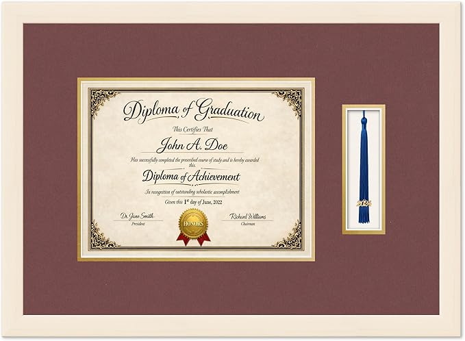 Diploma Frame with Tassel Holder Coastal Whitewash Shadowbox Dark Red Over Gold Mat - Fits 11 x 8.5 Degree Made in the USA