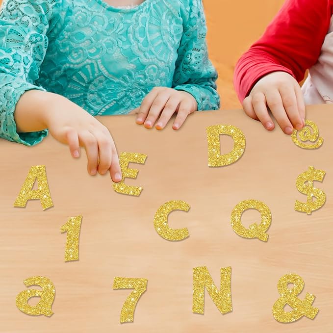 Colarr 216 Pcs Glitter Bulletin Board Letters for Classroom Number Alphabet Punctuation Symbol Cutout 4'' Die-Cut Poster Letter with Adhesive Dot School Party Holiday Decor Display(Gold)