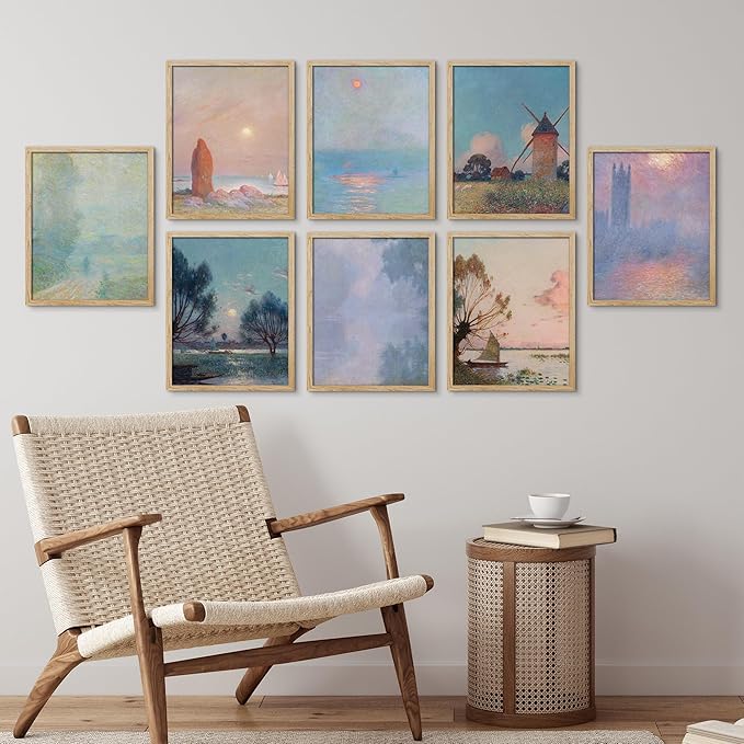 SIGNWIN Framed Poster Wall Art Set of Vintage Landscape Watercolor Nature Landscape, Rustic Framhouse Decor for Living Room, Bedroom, Office - 8"x10"x 8 Natural