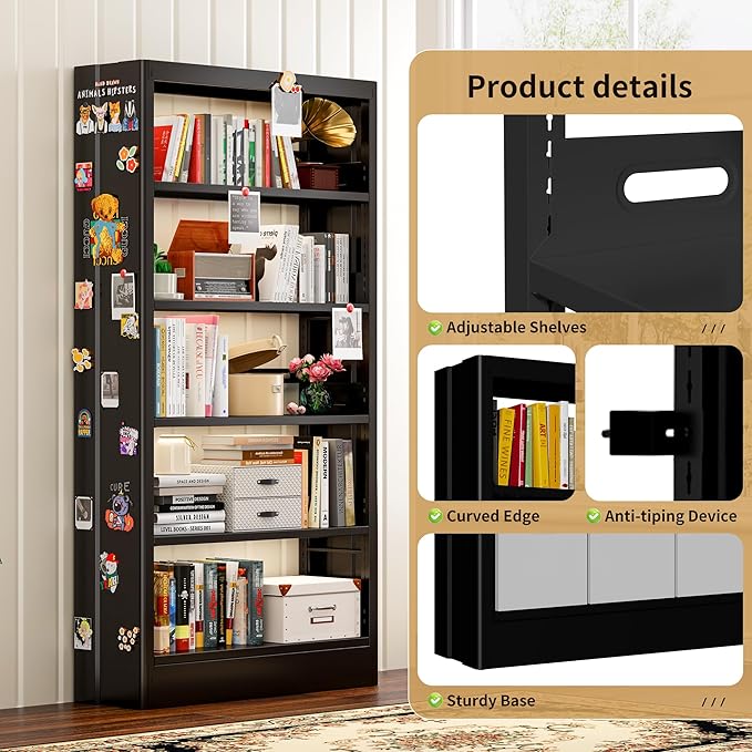 70.9" H Metal Bookshelf, Adjustable Bookcase, 5-Tier Heavy Duty Bookshelf with Bookend, Tall Bookshelves, Bookcase Shelf for Living Room, Office, Library,Classroom (Black-108.30W)