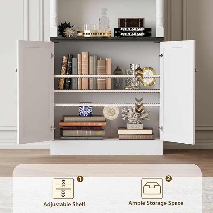 Bookshelf with Doors, 71" Tall Wood Book Shelf with Cabinet, 24" Wide Bookcase with Adjustable Shelf, Floor Standing Display Storage Cabinet for Home Office, Study and Living Room, Antique White