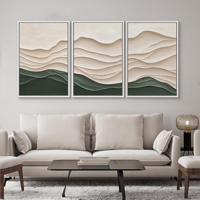 SIGNWIN Framed Canvas Print Wall Art Set Textured Paper Cut Landscape Beige and Green Minimalist Illustrations Modern Art Rustic Scenic Relax/Calm for Living Room, Bedroom, Office - 16"x24"x3 White