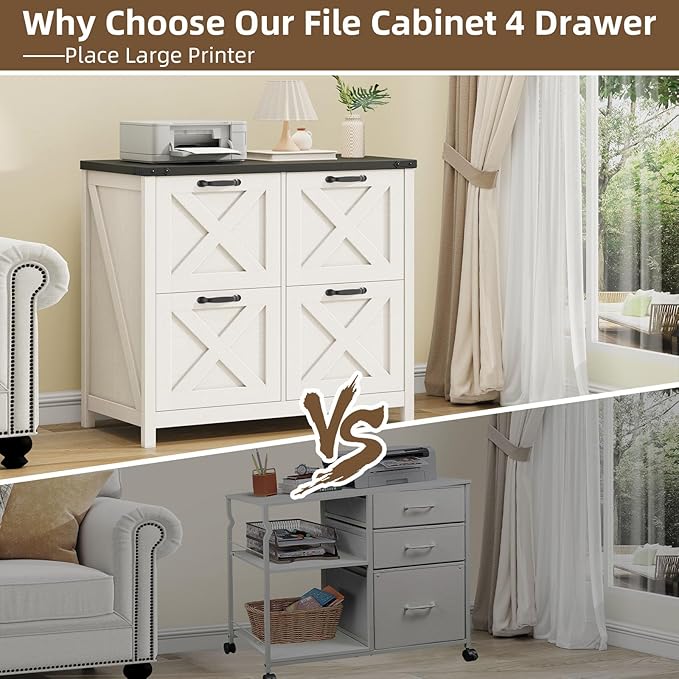 Farmhouse File Cabinet, Lateral Filing Cabinet with 4 Drawers for Letter/A4 Size Hanging Files, Wooden Printer Stand File Storage Cabinet for Home Office Cabinets, White and Black