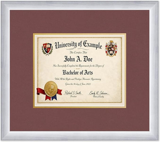 CountryArtHouse Diploma Frame Fits 10 x 8 Professional License - Keepsake Graduation Display Stainless Silver Genuine Hardwood with Dark Red Over Metallic Gold Double mat