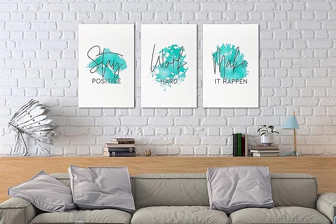 SHMAO Teal Office Canvas Wall Art Motivational Wall Decor, 3 Piece Stay Work Make Print Pictures for Office Wall Decor Women Inspirational Framed Artwork Home Office Decor 12”x18”x3 Panels