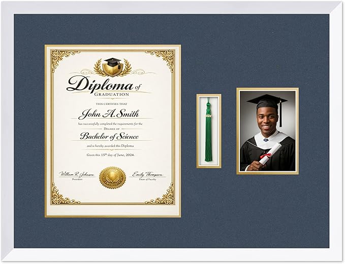 CountryArtHouse Diploma Tassel and Photo Shadowbox Fits 11 x 14 College Diploma (Portrait) with Tassel Bright White Genuine Hardwood with Navy Blue Over Metallic Gold Double mat