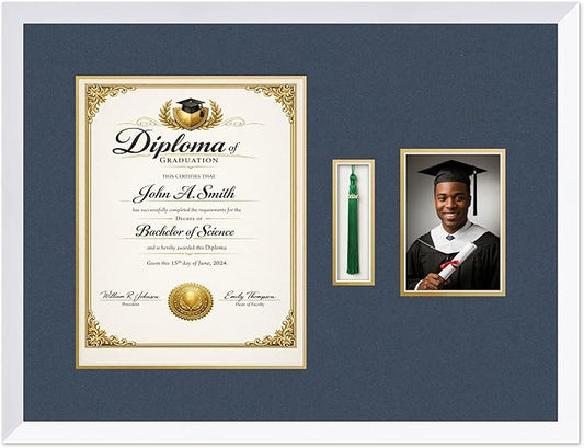 CountryArtHouse Diploma Tassel and Photo Shadowbox Fits 11 x 14 College Diploma (Portrait) with Tassel Bright White Genuine Hardwood with Navy Blue Over Metallic Gold Double mat