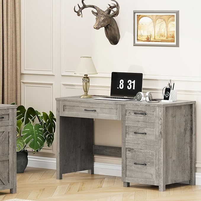 Farmhouse 47" Executive Desk, Computer Desk with File Drawer and Charging Station, Workstation for Home Office, Study.Grey