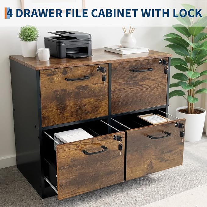 GarveeHome 4 Drawer File Cabinet with Lock, Locked File Cabinet with Key, Wooden Filing Cabinets for Home Office, Office Storage for Letter/A4/Files, Rustic Brown and Black